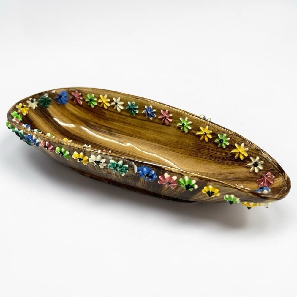 Vintage Italian Floral Ceramic Tray Faux Bois Dish Cottagecore Elbee